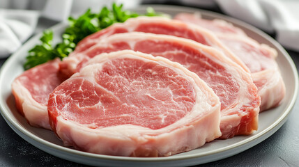 Food factory interior showing packed raw pork slices on a conveyor system, workers in background dressed in sanitary white coats and safety gear, modern meat industry, quality cont