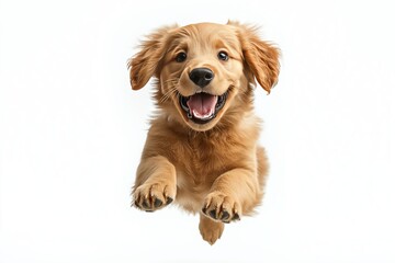 Obraz premium Playful golden retriever puppy jumps with joy indoors during daylight