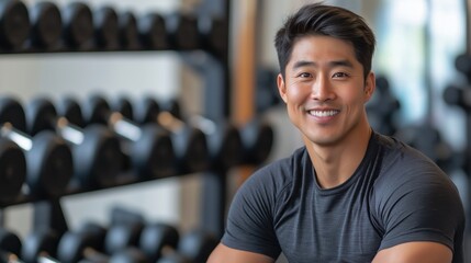 A smiling, middle-aged Asian man with short graying hair, wearing a dark gray athletic t-shirt, stands in a gym interior