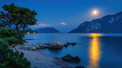 Moonlit beach scene, tranquil water, mountains.