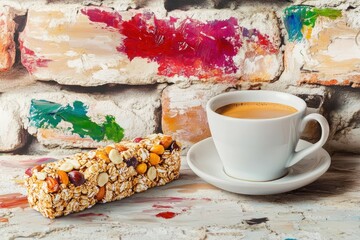 A fruit and nut granola bar with a cup of coffee, set against a textured brick wall adorned with energetic brush strokes in vibrant tones.