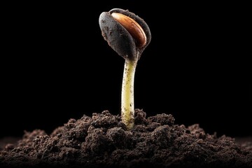 Seedling emerges from dark soil in early growth stage during natural development process