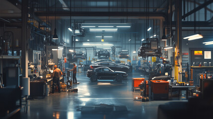 A dynamic, out-of-focus view of a car maintenance center with multiple service bays. Mechanics are actively working on vehicles, some are under the hood, while others are using dia