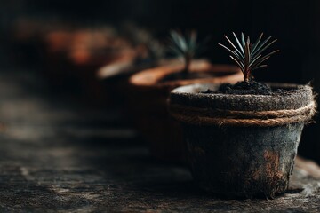 Small potted plants on a rustic wooden table illuminated by soft natural light in a cozy indoor setting
