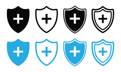 Shield icon set of  Health protection. Medical cross in the shield. safety, health, protection shield vector illustration.