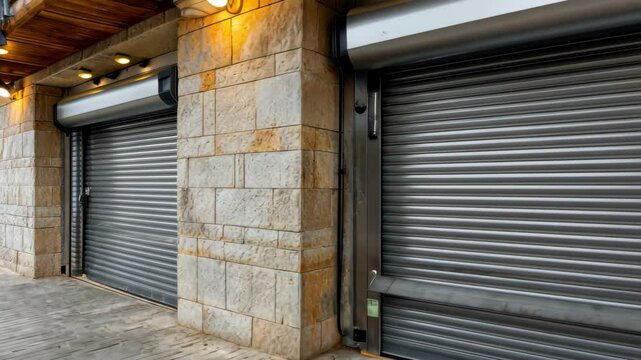 After business hours in an urban setting, closed storefronts are secured with metal roller shutters to protect them