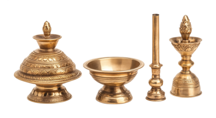 Brass Puja Items for Religious Rituals and Worship - Isolated on White Background
