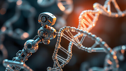 Close Up of a Nanobot Interacting with DNA Strands, Enabling Molecular Level Precision in Genetic Engineering