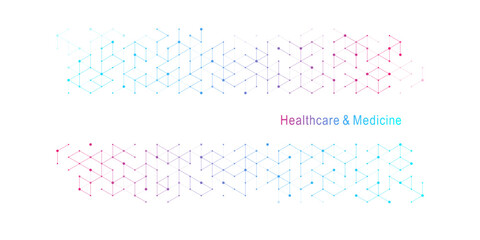 Modern health care or medical background design. Health care innovation concept. Horizontal header web banner. Abstract geometric background with hexagon shapes for medicine, science, chemistry.