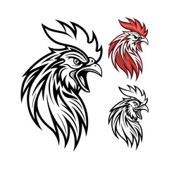 Two stylized rooster illustrations side by side, contrasting in color and detail.