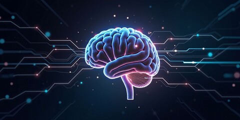 Fototapeta premium Abstract of digital artificial intelligence glowing neural networks, binary streams, and futuristic tech structures on a dark backdrop