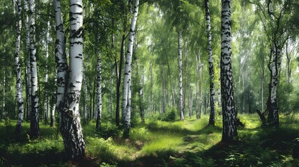 Fototapeta premium Fresh Green Birch Forest in Summer Daylight Under a Clear Sky with Lush Undergrowth and Vibrant Foliage