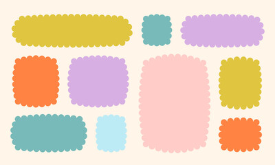 Frames Scalloped Vector Corrugated Bento Grid Shapes Set. Scallop Frame Wavy Retro Stickers Collection. Zig Zag Edge Geometric Borders Tag Boxes. Wiggle Line Design Sign Background. Isolated