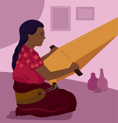Woman using a backstrap loom, weaving clothing, artisanal clothing, traditional Mexican clothing, vector illustration
Woman Weaving a Colorful Textile: A Celebration of Mexican Art and Craft