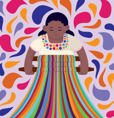 Backstrap loom, indigenous woman using a backstrap loom for clothing, vector illustration, Mexican clothing, embroidery, traditional Mexican clothing