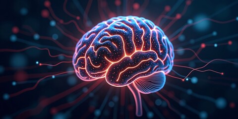 Obraz premium Abstract of digital artificial intelligence glowing neural networks, binary streams, and futuristic tech structures on a dark backdrop