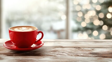 Obraz premium A captivating red coffee cup featuring a heart design rests on a rustic wooden table, set against a backdrop of festive bokeh lights enhancing the cozy ambiance.