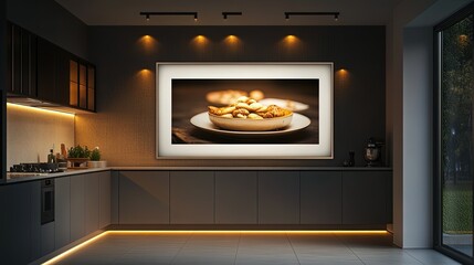 A contemporary kitchen with a large framed food photography piece, softly illuminated by warm amber spotlights, creating a cozy, inviting ambiance.