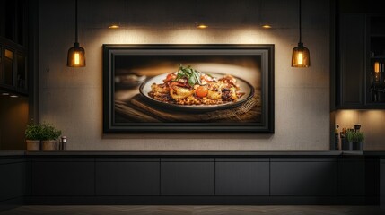 A contemporary kitchen with a large framed food photography piece, softly illuminated by warm amber spotlights, creating a cozy, inviting ambiance.