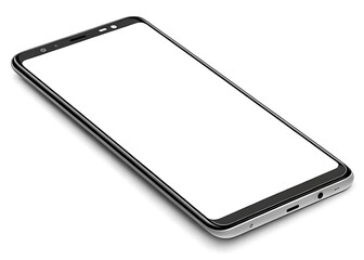 Angled view of a modern smartphone with a blank white screen and a sleek design on a white surface