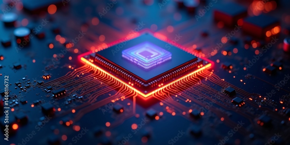 Poster futuristic cpu close-up with glowing core, powerful next gen cpu with glowing central core and data 