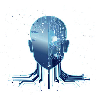 Futuristic half-human half-cyborg woman with digital circuit patterns in AI concept

