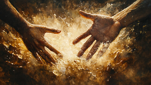 Hands frozen mid-motion letting go of stones, golden sunlight catching the dust, symbolic surrender, biblical parable styleHighly detailed, cinematic composition,Realistic anatomy and drapery,