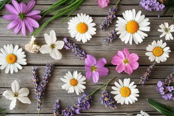A collection of beautiful wildflowers like daisies and lavender scattered across a wooden table, representing natural healing and herbal wellness.