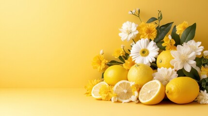 This captivating scene features fresh lemons beautifully arranged with delicate white flowers on a yellow background, evoking feelings of warmth and tranquility synonymous with summer.