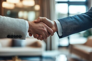 A close-up of a CEO shaking hands with a client in a luxurious, upscale corporate office space, with contemporary decor.