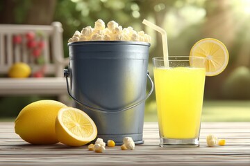 Bright outdoor gathering with lemon drink and popcorn in a sunny garden setting during afternoon hours