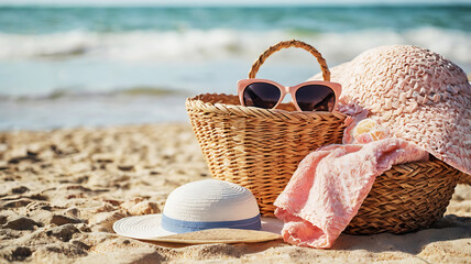 Beach essentials in a wicker basket -  A wicker basket filled with summer essentials sits on a sandy beach next to the ocean. Sunglasses, sun hat, and towel are visible.