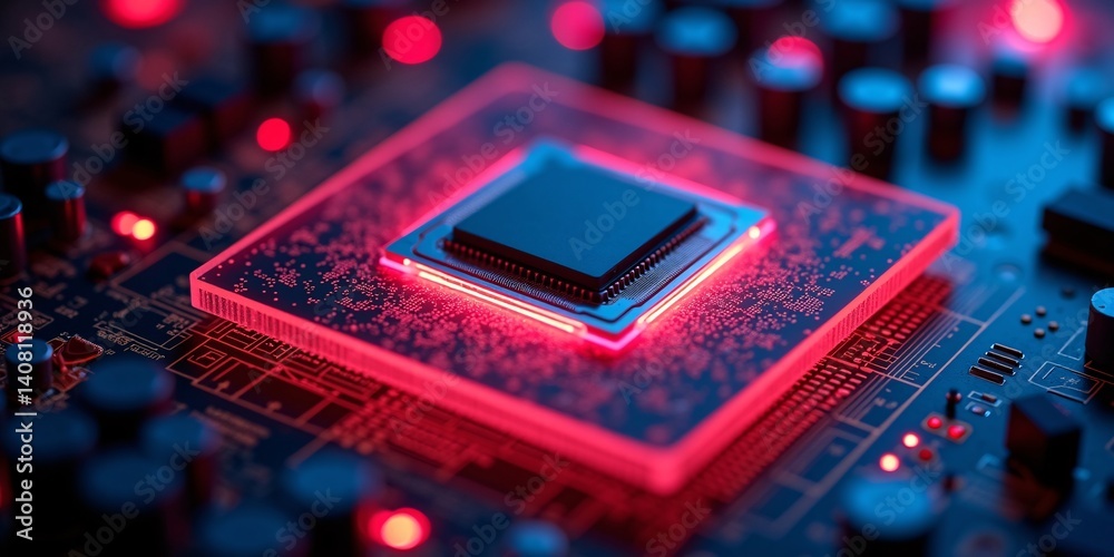 Poster futuristic cpu close-up with glowing core, powerful next gen cpu with glowing central core and data 