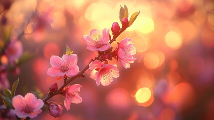 Pale pink flowers illuminated by golden rays of sunlight marked a serene spring morning in a picturesque park