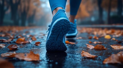 A runner makes their way along a wet path covered in fallen leaves, surrounded by an atmospheric autumn landscape