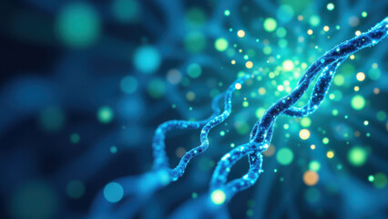 A dynamic molecular depiction of GLP1 with glowing blue effects.