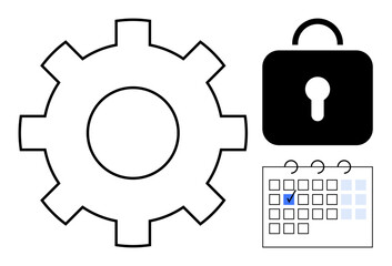 Gear for processes, lock for security, and marked calendar for scheduling. Ideal for management, system optimization, privacy, organization, productivity planning workflow. Flat simple metaphor