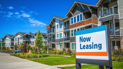 Now Leasing Sign Outside Modern Apartment Buildings on Sunny Day
