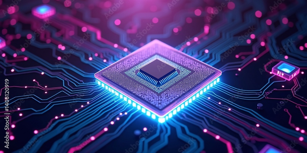 Poster futuristic cpu close-up with glowing core, powerful next gen cpu with glowing central core and data 