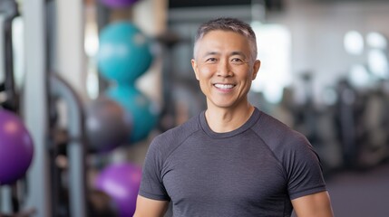 Obraz premium A smiling, middle-aged Asian man with short graying hair, wearing a dark gray athletic t-shirt, stands in a gym interior