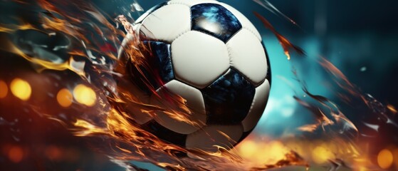 Fototapeta premium Soccer ball in a net on a bokeh background. 3d illustration. Soccer ball in goal net on blue background. 3d illustration. Goal. Soccer Football Concept with copy space. Sport concept with copy space.