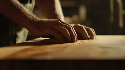Carpenter sanding down a wooden table surface. Featuring craftsmanship and precision