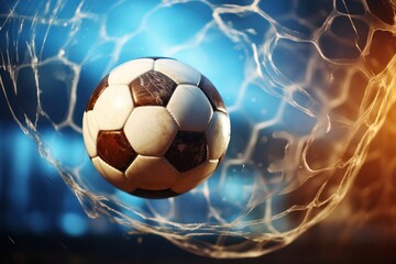 Naklejka premium Soccer ball in a net on a bokeh background. 3d illustration. Soccer ball in goal net on blue background. 3d illustration. Goal. Soccer Football Concept with copy space. Sport concept with copy space.