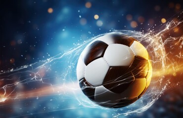 Soccer ball in a net on a bokeh background. 3d illustration. Soccer ball in goal net on blue background. 3d illustration. Goal. Soccer Football Concept with copy space. Sport concept with copy space.
