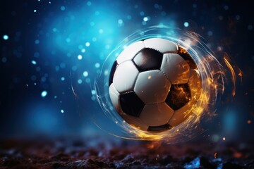 Fototapeta premium Soccer ball in a net on a bokeh background. 3d illustration. Soccer ball in goal net on blue background. 3d illustration. Goal. Soccer Football Concept with copy space. Sport concept with copy space.