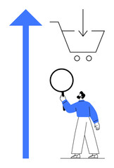 Man holding magnifying glass near shopping cart and large upward arrow. Ideal for online shopping, market analysis, consumer insights, e-commerce optimization, sales trends, customer behavior, simple