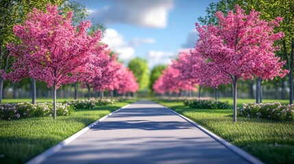 A tranquil spring trail stretches under a canopy of delicate pink cherry blossoms, illuminated by soft sunlight and caressed by a gentle breeze