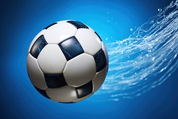Naklejka premium Soccer ball in a net on a bokeh background. 3d illustration. Soccer ball in goal net on blue background. 3d illustration. Goal. Soccer Football Concept with copy space. Sport concept with copy space.