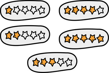 Vector illustration of hand-drawn star rating icons showing different levels of customer feedback from one to five stars in bold cartoon doodle style

