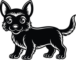 vector illustration of a dog, black and white dog, cute baby dog silhouette icon on white background.